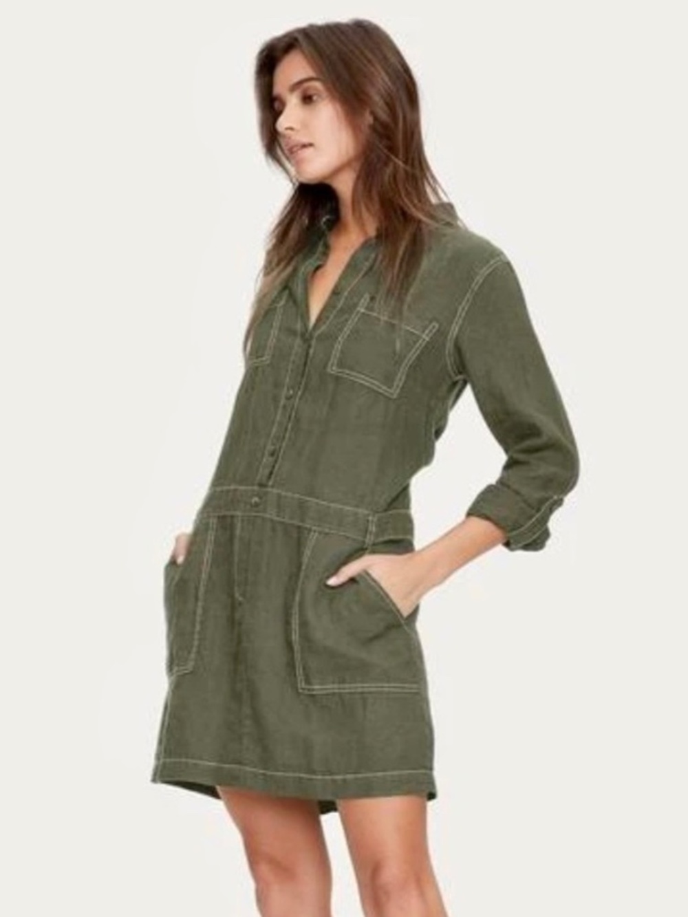 MICHAEL STARS Pilar Linen Shirt Dress in Khaki - S